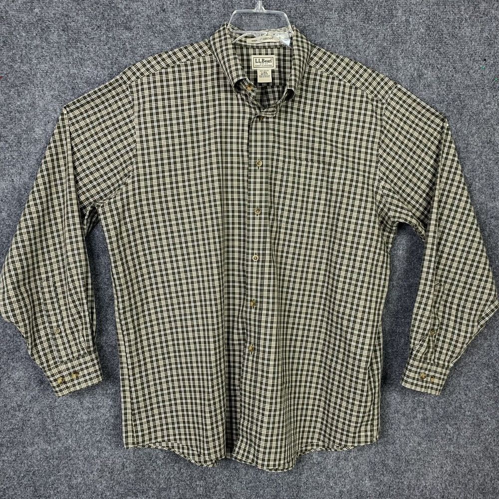 LL Bean Button Down Shirt Men L Green Ivory Check Plaid Long Sleeve No Wrinkle